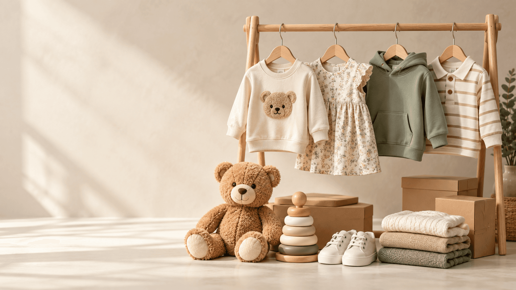 Roupas infantis selecionadas, ursinho e brinquedos em uma composição de estúdio